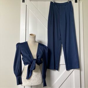 New Wayf blue satin pantsuit set tie front puff sleeve blouse size S